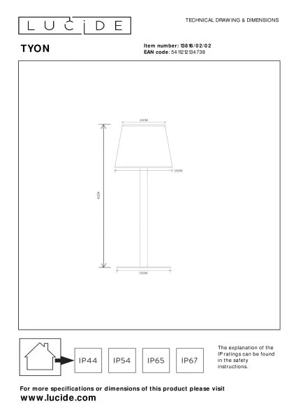 Lucide TYON - Rechargeable Table lamp Indoor/Outdoor - Battery pack - Ø 15 cm - LED Dim. - IP65 - Matt Gold / Brass - technical